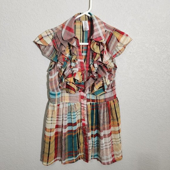 Agaci Plaid Ruffle Blouse Womens Small Multicolor Sheer Button Top Boho Style S - Picture 1 of 11
